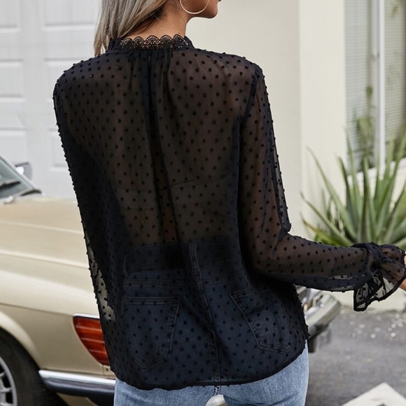Boho V neck Swiss Dot Sheer Sleeve Lace Blouse - Picture 5 of 10